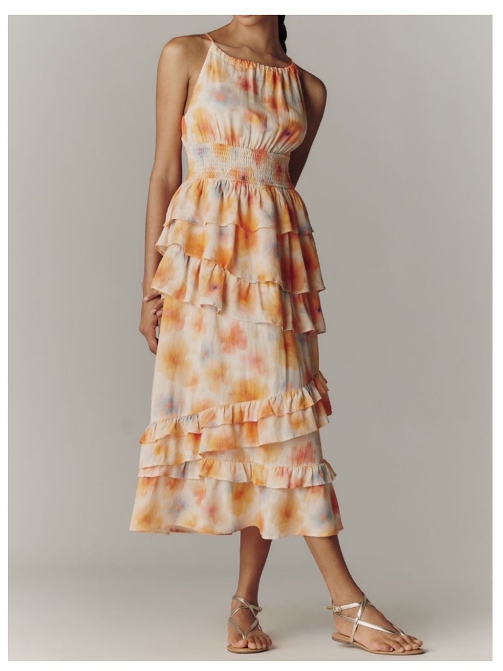 🟤NWT ANTHROPOLOGIE Tiered Ruffle Halter Dress in Yellow/Orange Floral SMALL